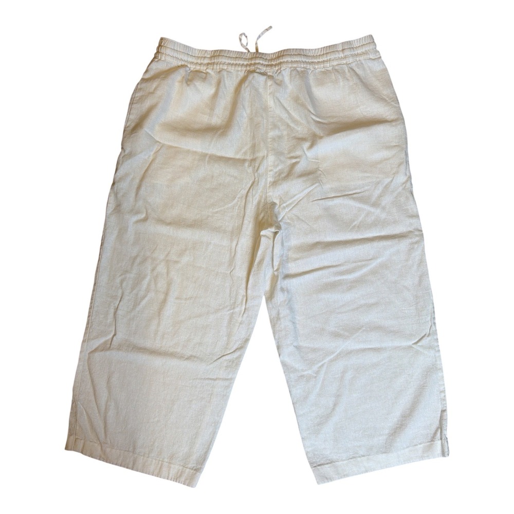 Resort travel sustainable linen Cropped Capri Wide Leg Pants Cream Elastic Large